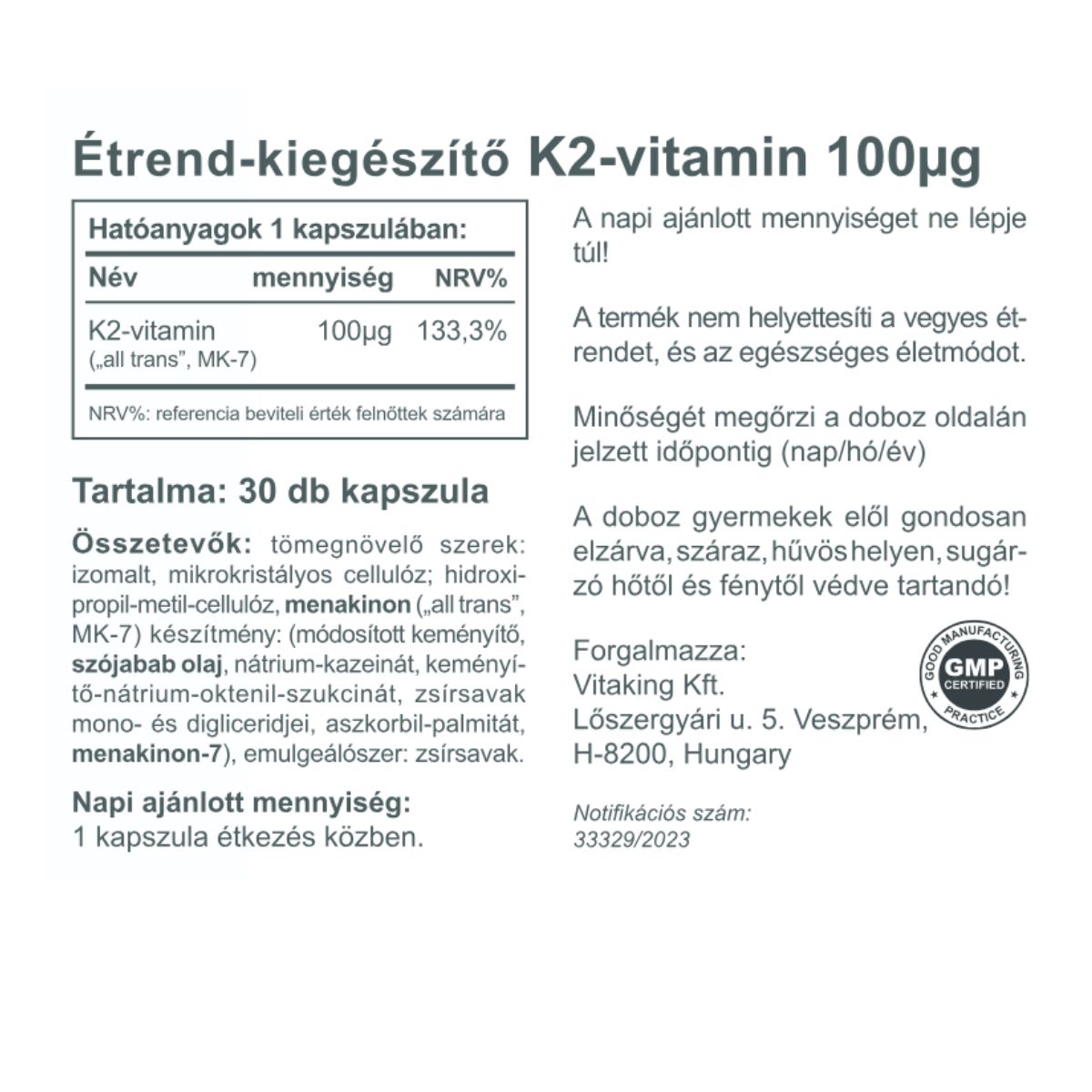 Vitaking K2 vitamin (természeres, 100µg MK7) 30 kapszula