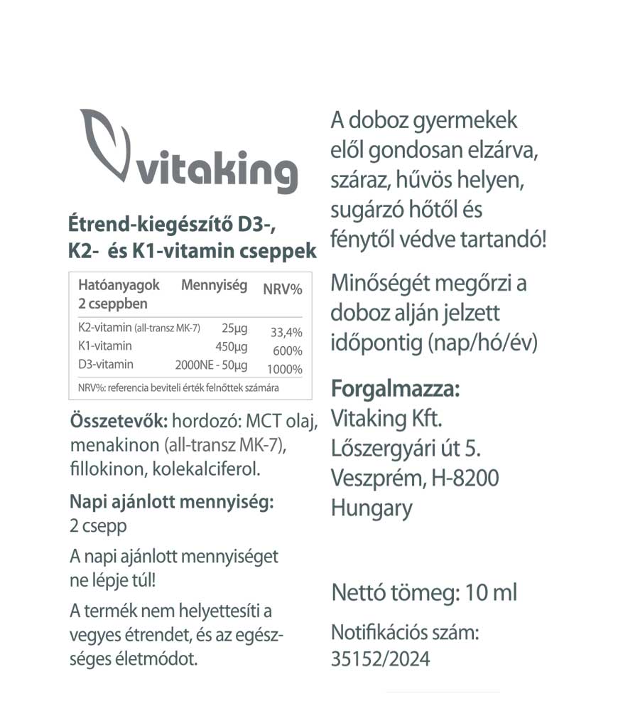 Vitaking D3+K2+K1 vitamin csepp MCT olajjal 10ml (160 adag)