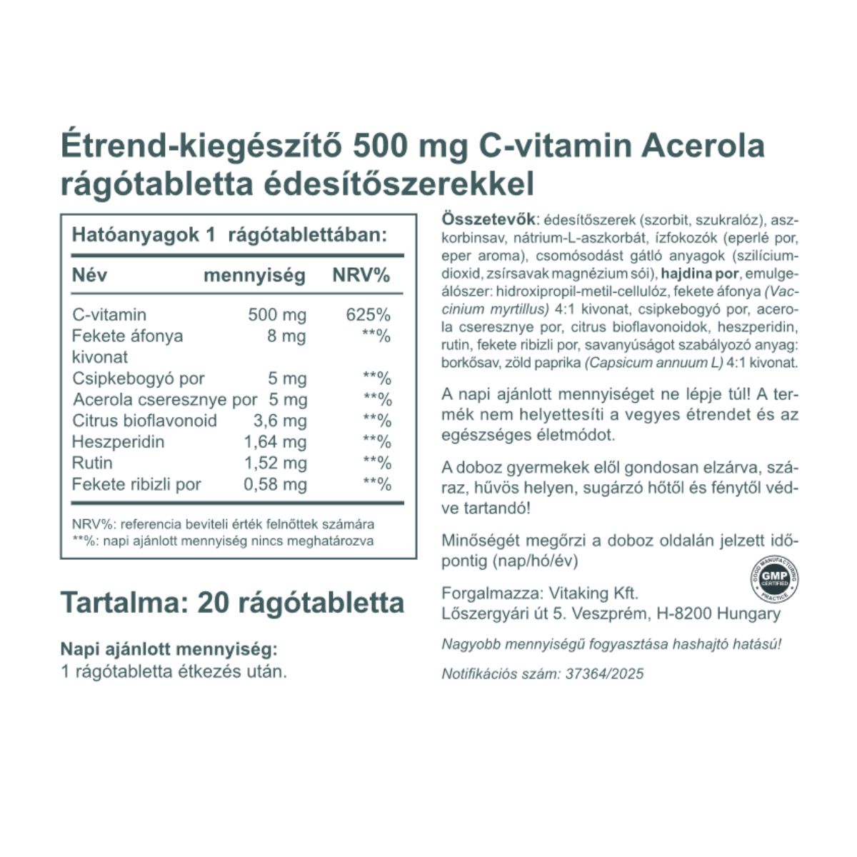 Acerola C-500 c-vitamin rágótabletta acerolával, bioflavonoidokkal