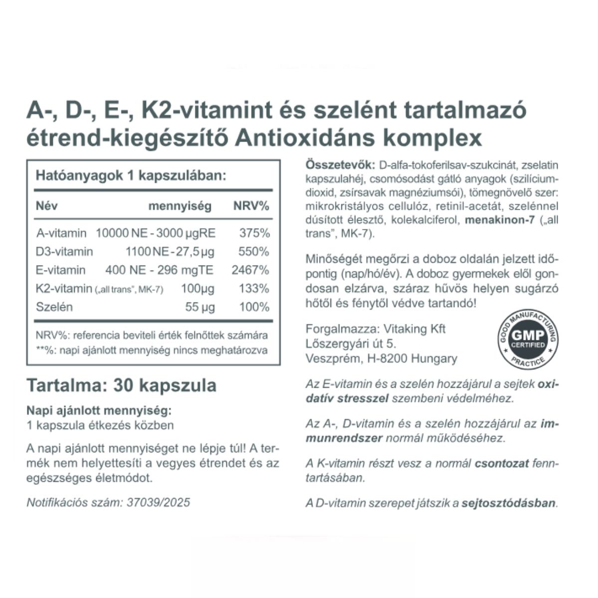 Antioxidáns Komplex – A-, D3-, E-, K2-vitamin és szelén. Sejtvédelem, immunrendszer és egészséges csontok támogatása egy kapszulában!