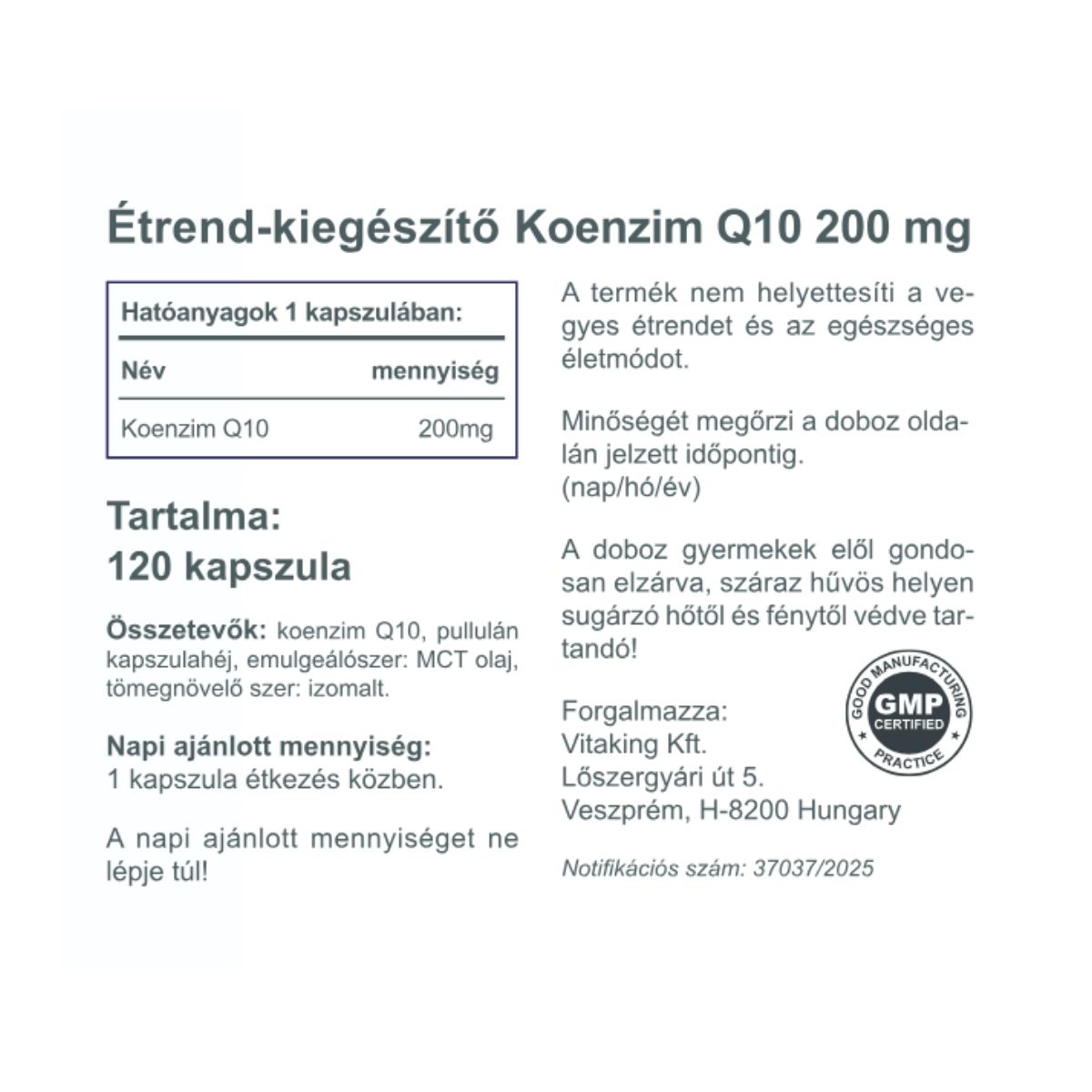 Vitaking Q-10 koenzim 200mg (120), növényi fermentációval előállított Q10, Q10 MCT olajjal