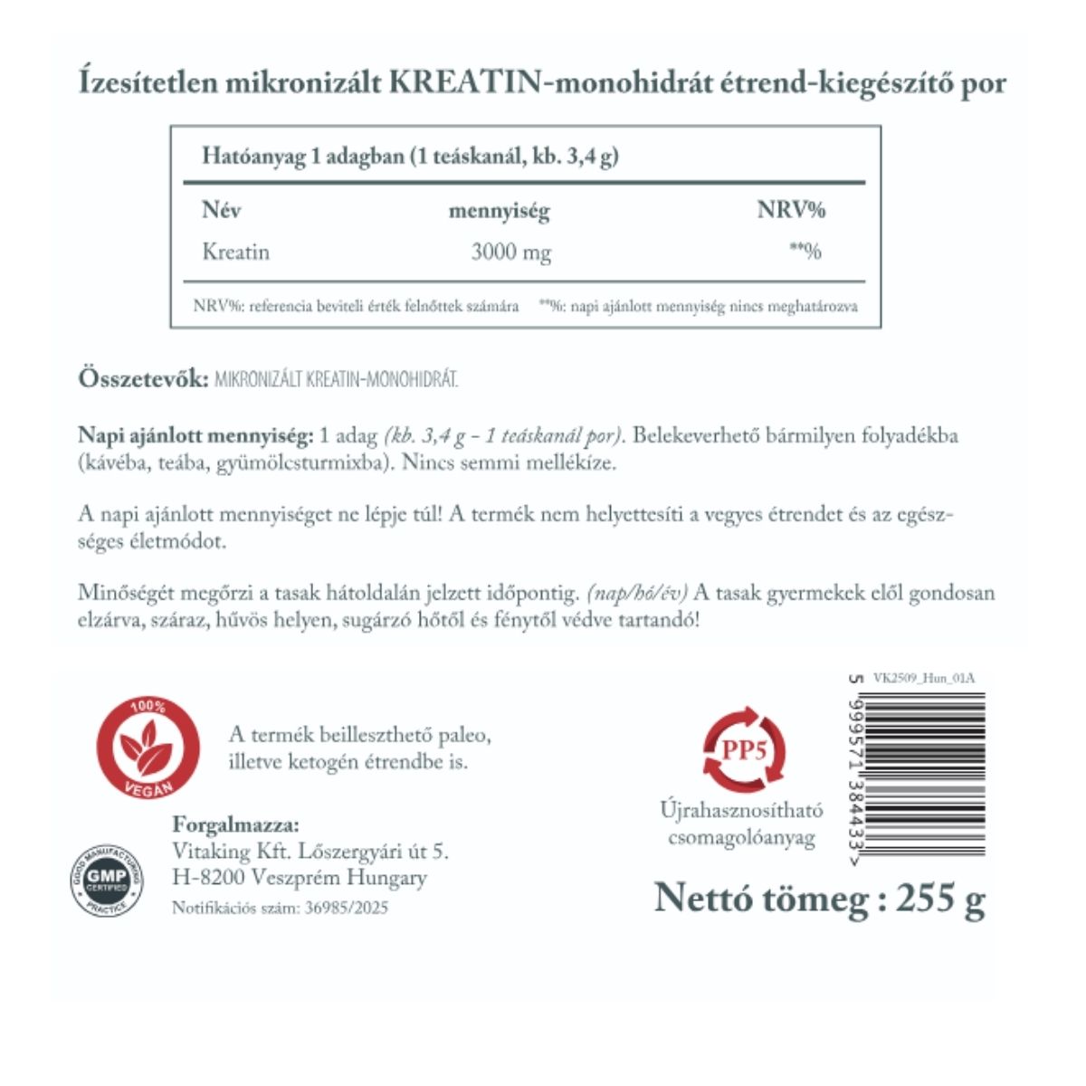 Vitaking Kreatin monohidrát por 255 g (újrahasznosítható csomagolás)