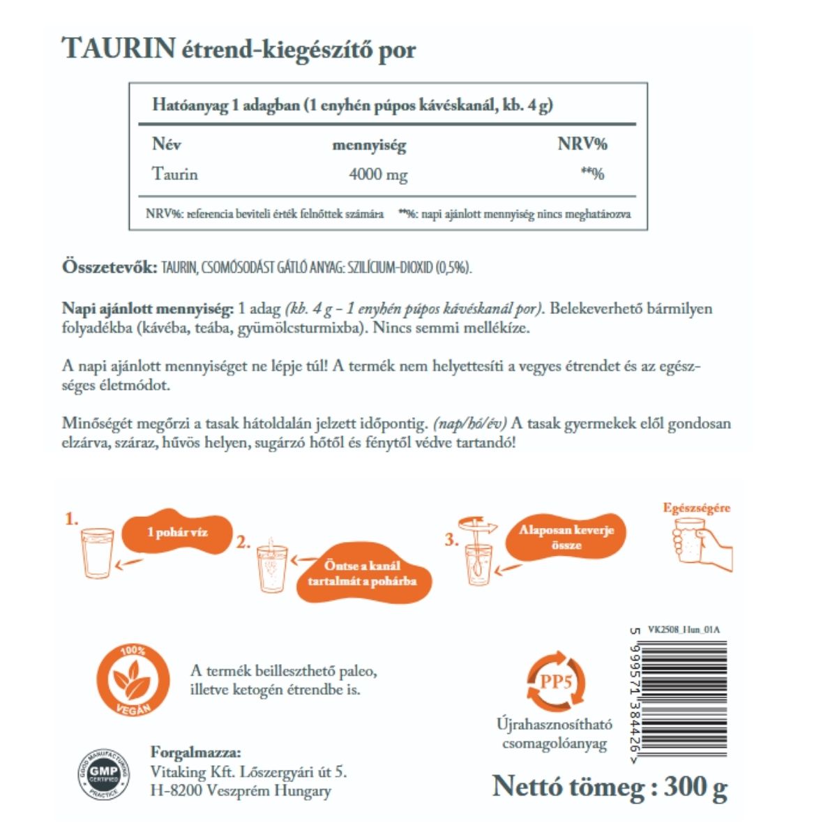 Vitaking Taurin por – természetes, vegán taurinforrás 300 g-os kiszerelésben