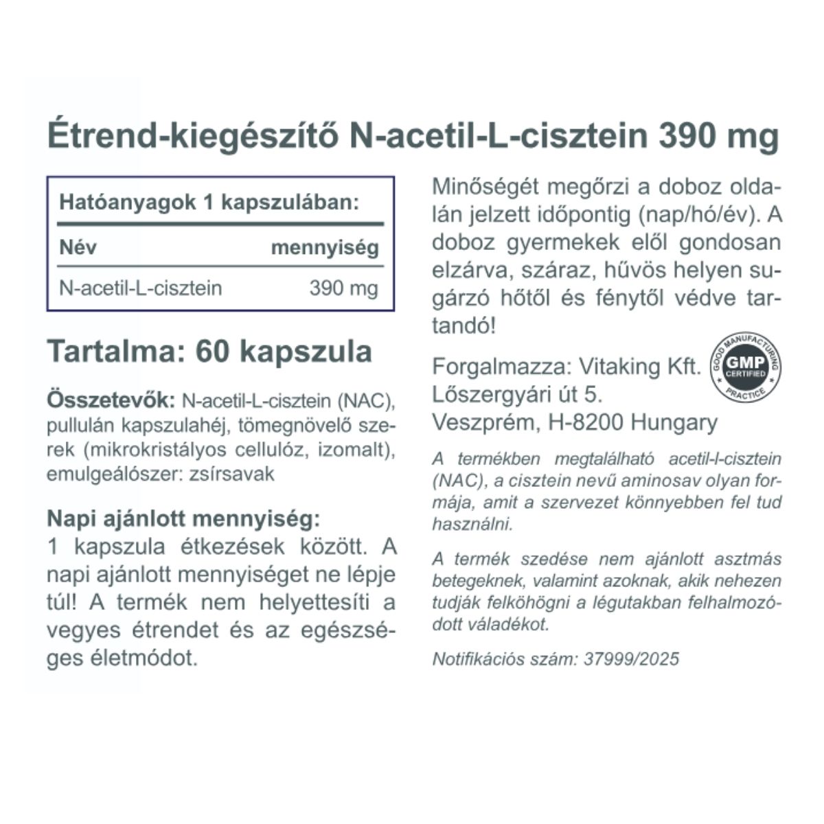 NAC-390 (N-acetil-L-cisztein) 390mg (60) - Vitaking