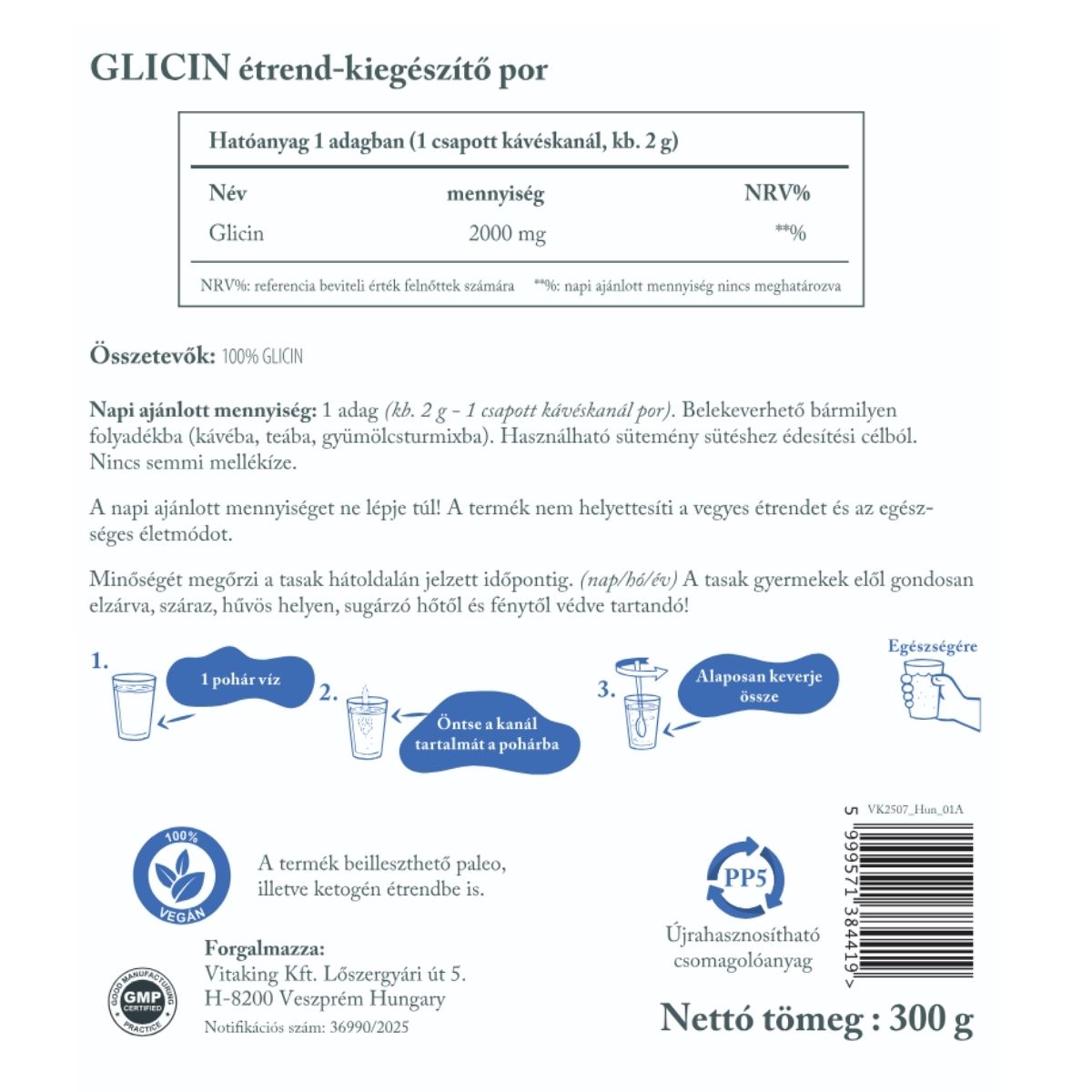 Vitaking 100% Glicin 300g (vegán, natur)