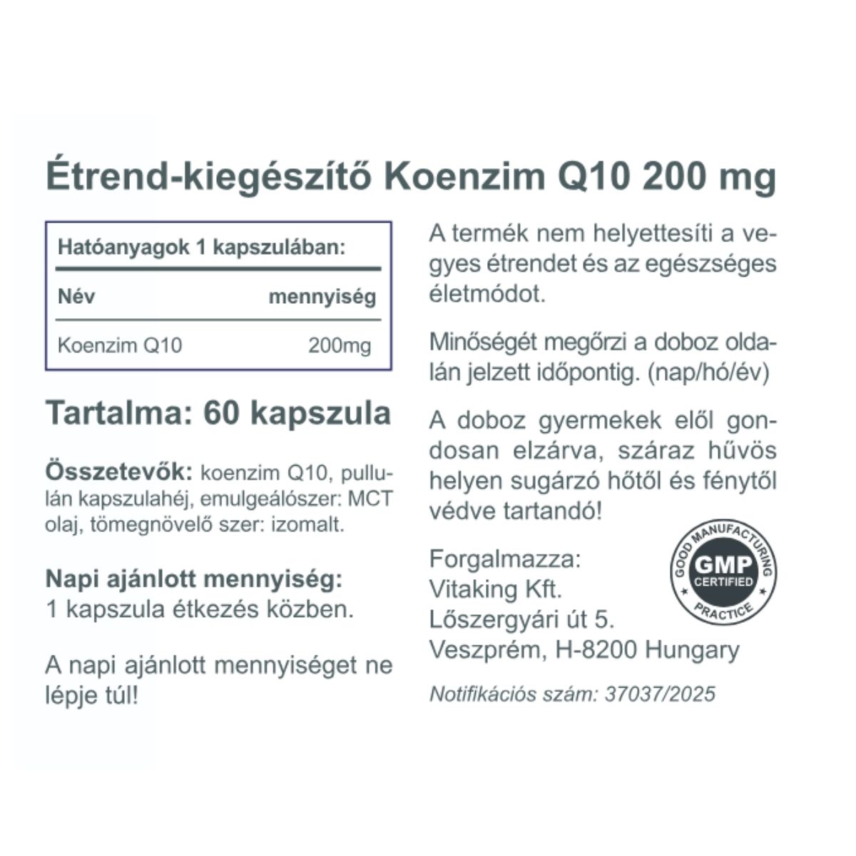 Vitaking Q-10 koenzim 200 mg (60 kapszula) MCT olajjal (Vegán)